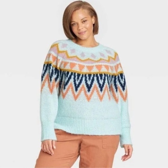 A New Day Woman’s Mint Green Fair Isle Crew Neck Pullover Sweater Plus Size 1X - Picture 4 of 14